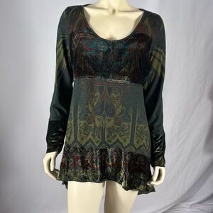 Vintage Y2K Whimsigoth Green Long Sleeve Tunic Top Stretch Burn Out Velvet Size